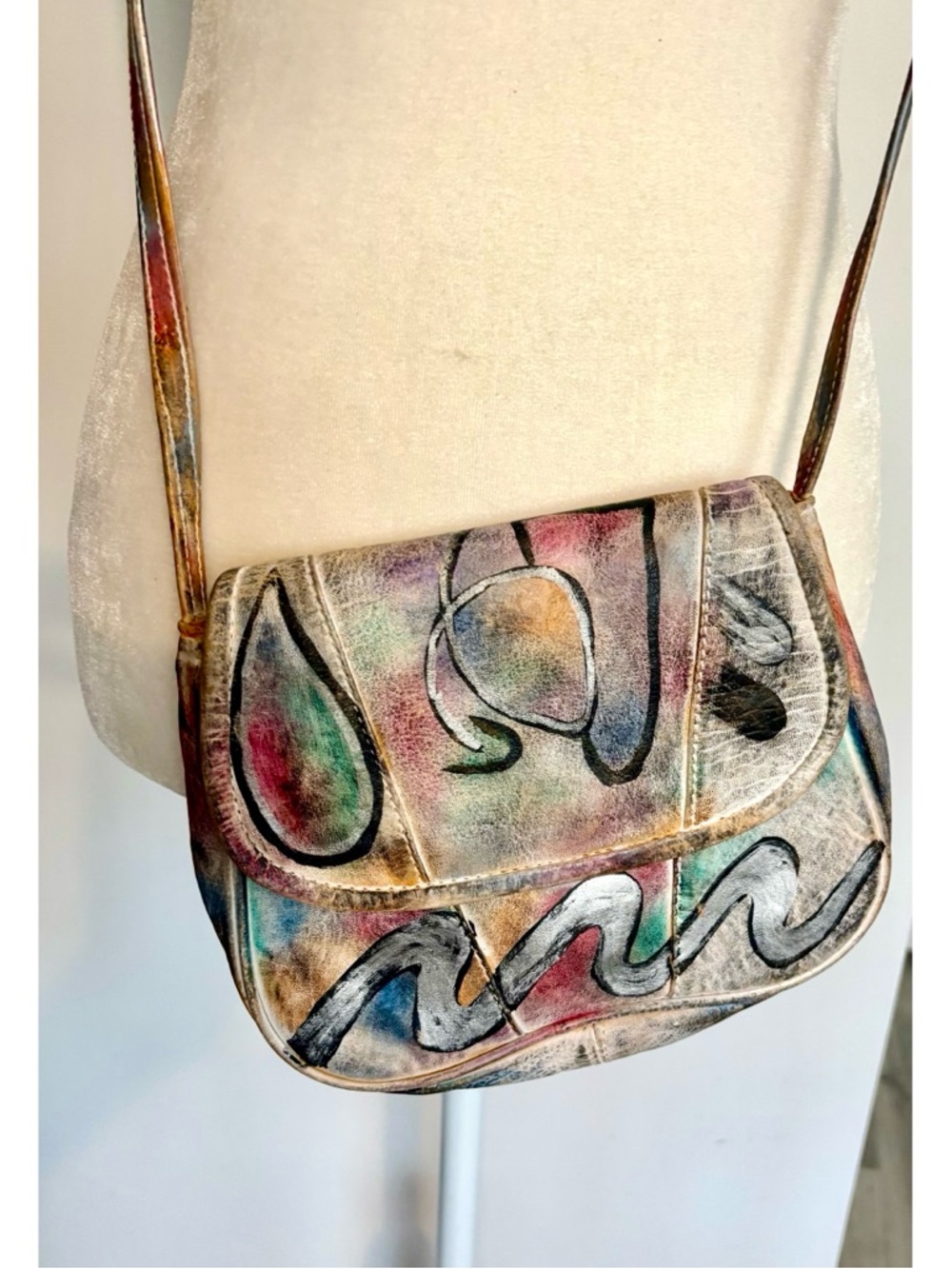 1980's-'90s Botary Boho Hand-Painted Metallic Multicolor Leather Crossbody Bag-